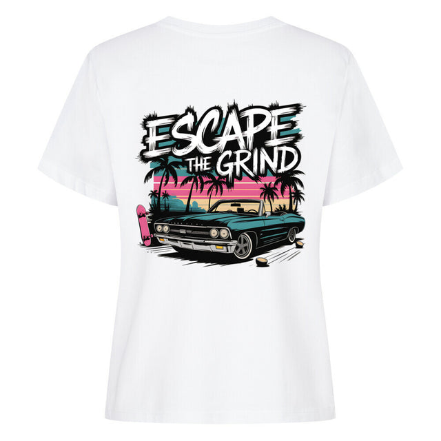 Escape the Grind Damen T-Shirt mit Oldtimer- und Palmen-Print