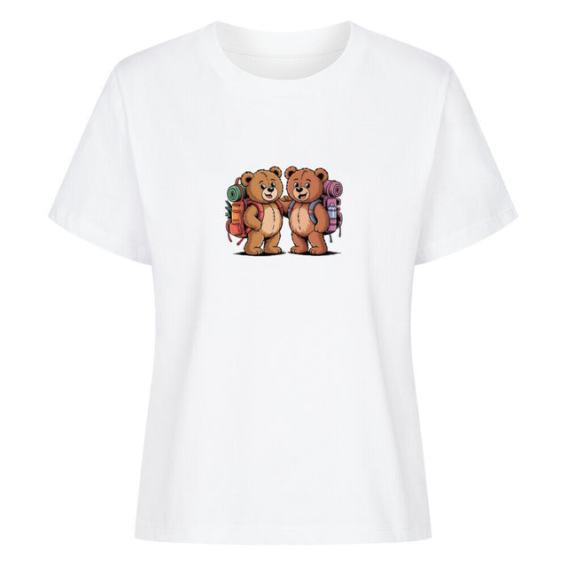 TeddyTravel Damen T-Shirt aus 100% Bio-Baumwolle mit Teddybär-Abenteuer-Print und bunten Rucksäcken in Rot, Grün, Blau von TeeTreeTrendz