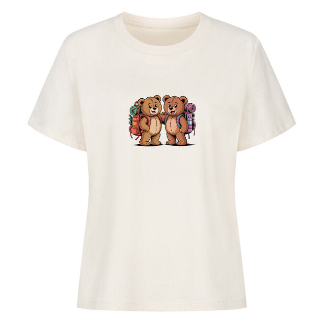 TeddyTravel Damen T-Shirt aus 100% Bio-Baumwolle mit Teddybär-Abenteuer-Print und bunten Rucksäcken in Rot, Grün, Blau von TeeTreeTrendz