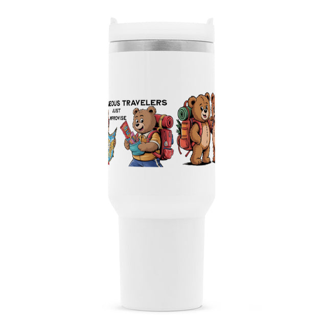 TeddyTravel Edelstahl-Thermobecher 1200 ml mit Griff, Deckel, Strohhalm und Teddybären-Print mit bunten Rucksäcken von TeeTreeTrendz