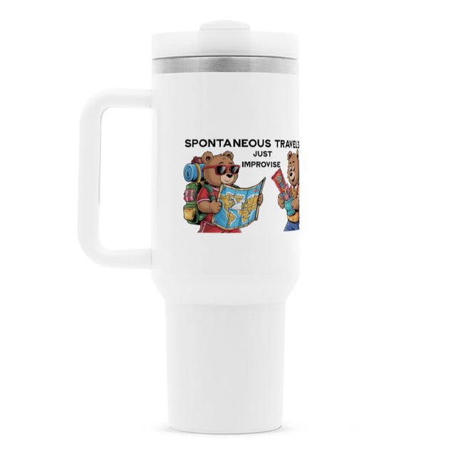 TeddyTravel Edelstahl-Thermobecher 1200 ml mit Griff, Deckel, Strohhalm und Teddybären-Print mit bunten Rucksäcken von TeeTreeTrendz
