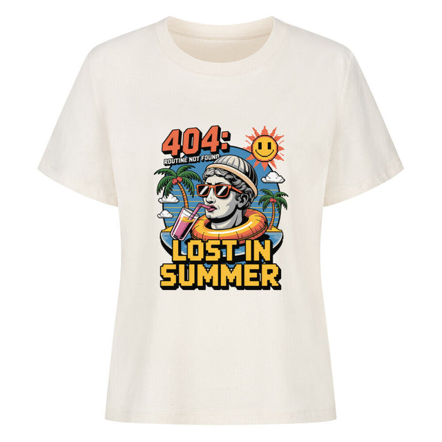 Verspielter Sommer-Print ‚404 Lost in Summer‘ mit Palmen auf Damen T-Shirt