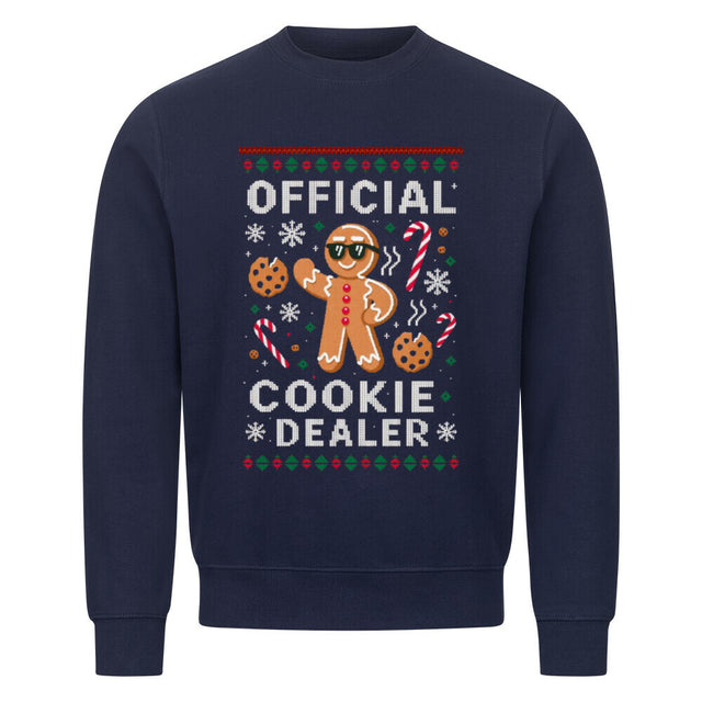 Ugly Christmas Sweater mit Lebkuchenmann, Cookies und dem Spruch „Official Cookie Dealer“.