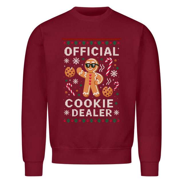 Ugly Christmas Sweater mit Lebkuchenmann, Cookies und dem Spruch „Official Cookie Dealer“.