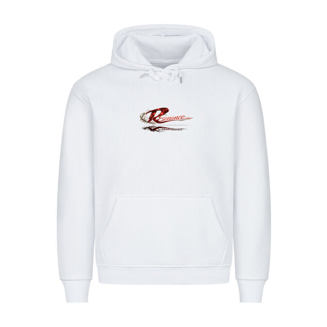 Resonance Premium Hoodie in Weiß mit großem Backprint aus Taube, roter Rose, Ketten und Streetwear Typografie