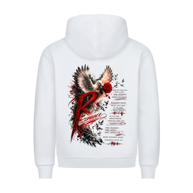 Resonance Premium Hoodie in Weiß mit großem Backprint aus Taube, roter Rose, Ketten und Streetwear Typografie