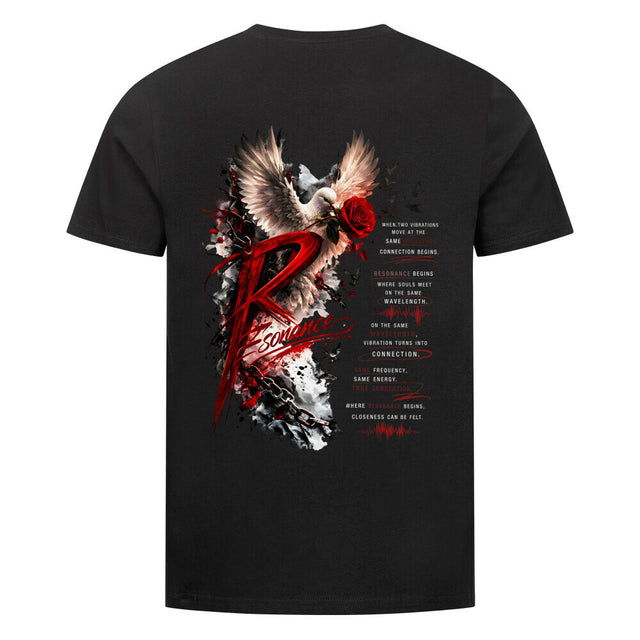 Schwarzes Unisex T-Shirt mit großem Resonance Backprint in Rot, Schwarz und Weiß mit Taube, Rosenmotiv und künstlerischem Statement-Design auf der Rückseite