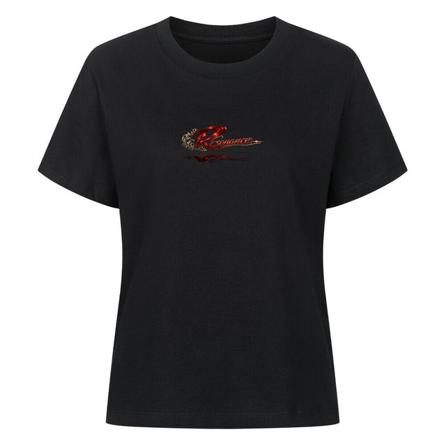 Damen T-Shirt mit großem Resonance Backprint in Rot, Schwarz und Weiß mit Taube, Rose und künstlerischem Statement-Design auf der Rückseite