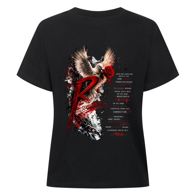 Damen T-Shirt mit großem Resonance Backprint in Rot, Schwarz und Weiß mit Taube, Rose und künstlerischem Statement-Design auf der Rückseite