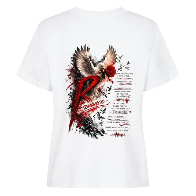 Damen T-Shirt mit großem Resonance Backprint in Rot, Schwarz und Weiß mit Taube, Rose und künstlerischem Statement-Design auf der Rückseite