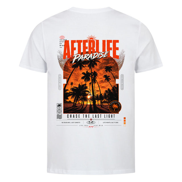 Weiß Unisex T-Shirt mit großem orange-weißem AFTERLIFE PARADISE Backprint, Palmen-Sonnenuntergang und Streetwear-Design an einem Zaun.