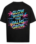 TeeTreeTrendz Oversized T-Shirt „Glow Where the Palms Grow“ – Retro-Design mit Neonfarben, Palmen und Sonnenuntergang, 100 % Baumwolle für Sommer & Streetwear-Looks