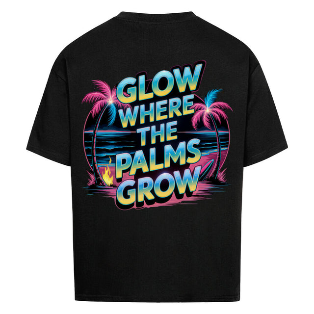 TeeTreeTrendz Oversized T-Shirt „Glow Where the Palms Grow“ – Retro-Design mit Neonfarben, Palmen und Sonnenuntergang, 100 % Baumwolle für Sommer & Streetwear-Looks