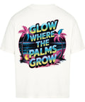 TeeTreeTrendz Oversized T-Shirt „Glow Where the Palms Grow“ – Retro-Design mit Neonfarben, Palmen und Sonnenuntergang, 100 % Baumwolle für Sommer & Streetwear-Looks