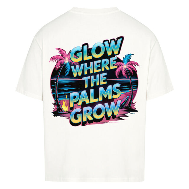TeeTreeTrendz Oversized T-Shirt „Glow Where the Palms Grow“ – Retro-Design mit Neonfarben, Palmen und Sonnenuntergang, 100 % Baumwolle für Sommer & Streetwear-Looks