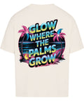 TeeTreeTrendz Oversized T-Shirt „Glow Where the Palms Grow“ – Retro-Design mit Neonfarben, Palmen und Sonnenuntergang, 100 % Baumwolle für Sommer & Streetwear-Looks