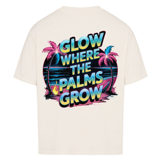 TeeTreeTrendz Oversized T-Shirt „Glow Where the Palms Grow“ – Retro-Design mit Neonfarben, Palmen und Sonnenuntergang, 100 % Baumwolle für Sommer & Streetwear-Looks
