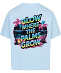 TeeTreeTrendz Oversized T-Shirt „Glow Where the Palms Grow“ – Retro-Design mit Neonfarben, Palmen und Sonnenuntergang, 100 % Baumwolle für Sommer & Streetwear-Looks