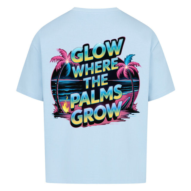 TeeTreeTrendz Oversized T-Shirt „Glow Where the Palms Grow“ – Retro-Design mit Neonfarben, Palmen und Sonnenuntergang, 100 % Baumwolle für Sommer & Streetwear-Looks
