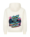 Tropischer Premium Hoodie „Glow Where the Palms Grow“ von TeeTreeTrendz mit Retro-Schriftzug und Palmen-Design in hochwertiger Qualität