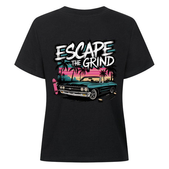 Escape the Grind Damen T-Shirt mit Oldtimer- und Palmen-Print