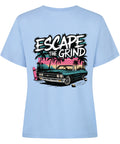 Escape the Grind Damen T-Shirt mit Oldtimer- und Palmen-Print