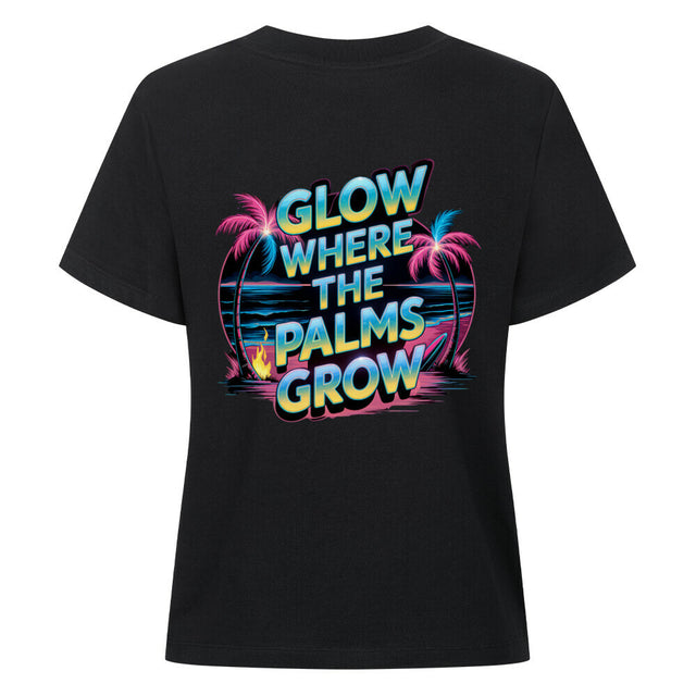 Damen T-Shirt Glow Where the Palms Grow mit Palmen und Sonnenuntergang im Retro-Stil