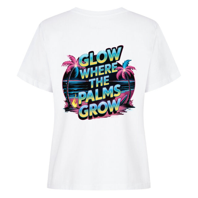 Damen T-Shirt Glow Where the Palms Grow mit Palmen und Sonnenuntergang im Retro-Stil