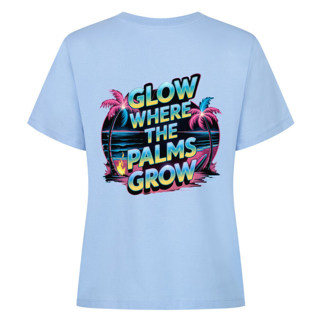 Damen T-Shirt Glow Where the Palms Grow mit Palmen und Sonnenuntergang im Retro-Stil