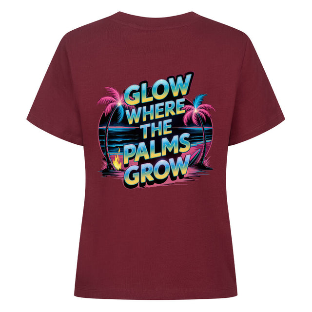 Damen T-Shirt Glow Where the Palms Grow mit Palmen und Sonnenuntergang im Retro-Stil