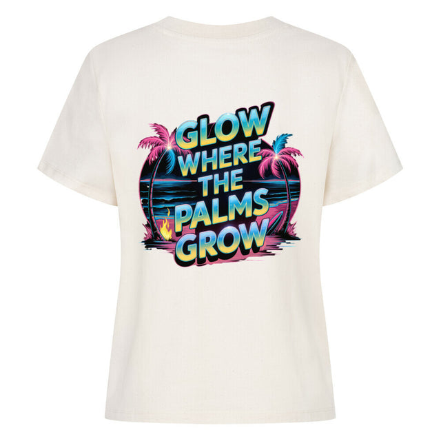Damen T-Shirt Glow Where the Palms Grow mit Palmen und Sonnenuntergang im Retro-Stil