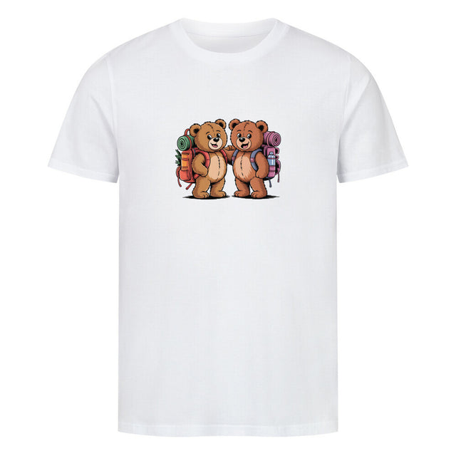 Unisex „TeddyTravel“ T-Shirt von TeeTreeTrendz mit nachhaltigem Teddybären-Abenteuer-Print, bunten Rucksäcken und 100% gekämmter Bio-Baumwolle