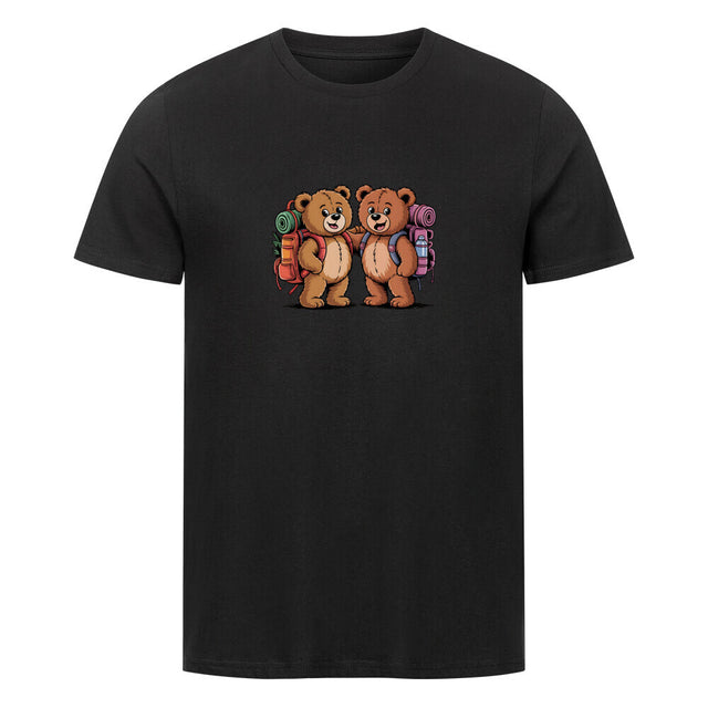 Unisex „TeddyTravel“ T-Shirt von TeeTreeTrendz mit nachhaltigem Teddybären-Abenteuer-Print, bunten Rucksäcken und 100% gekämmter Bio-Baumwolle