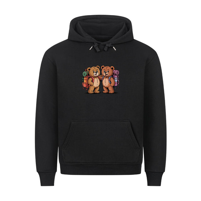 TeddyTravel Premium Hoodie mit Abenteuer-Teddybär-Print und bunten Rucksäcken in Rot, Grün, Blau von TeeTreeTrendz