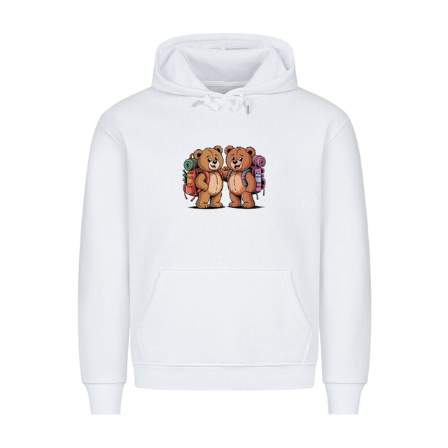 TeddyTravel Premium Hoodie mit Abenteuer-Teddybär-Print und bunten Rucksäcken in Rot, Grün, Blau von TeeTreeTrendz