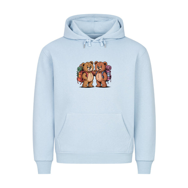 TeddyTravel Premium Hoodie mit Abenteuer-Teddybär-Print und bunten Rucksäcken in Rot, Grün, Blau von TeeTreeTrendz