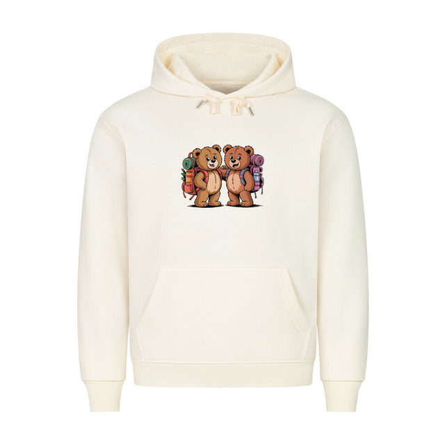 TeddyTravel Premium Hoodie mit Abenteuer-Teddybär-Print und bunten Rucksäcken in Rot, Grün, Blau von TeeTreeTrendz