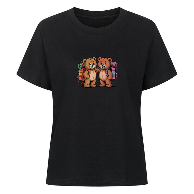 TeddyTravel Damen T-Shirt aus 100% Bio-Baumwolle mit Teddybär-Abenteuer-Print und bunten Rucksäcken in Rot, Grün, Blau von TeeTreeTrendz