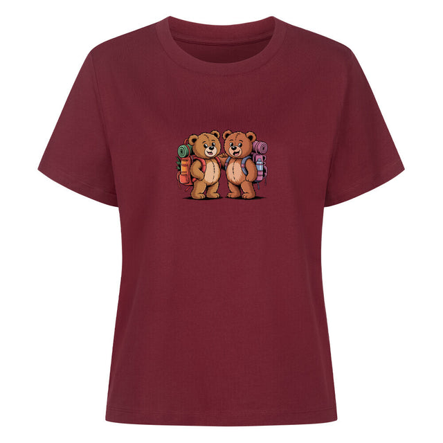 TeddyTravel Damen T-Shirt aus 100% Bio-Baumwolle mit Teddybär-Abenteuer-Print und bunten Rucksäcken in Rot, Grün, Blau von TeeTreeTrendz