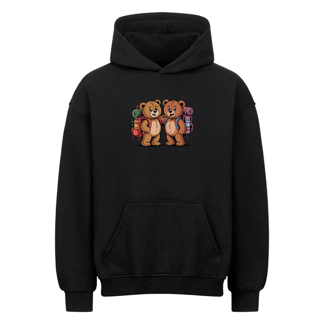 TeddyTravel Oversized Heavy Cotton Hoodie mit Abenteuer-Teddybären-Print, bunten Rucksäcken in Rot, Grün, Blau, 380 GSM von TeeTreeTrendz