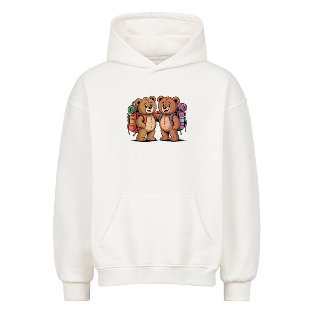 TeddyTravel Oversized Heavy Cotton Hoodie mit Abenteuer-Teddybären-Print, bunten Rucksäcken in Rot, Grün, Blau, 380 GSM von TeeTreeTrendz