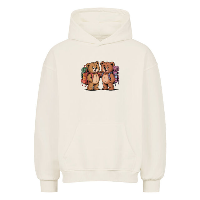 TeddyTravel Oversized Heavy Cotton Hoodie mit Abenteuer-Teddybären-Print, bunten Rucksäcken in Rot, Grün, Blau, 380 GSM von TeeTreeTrendz