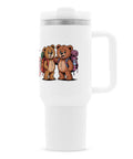 TeddyTravel Edelstahl-Thermobecher 1200 ml mit Griff, Deckel, Strohhalm und Teddybären-Print mit bunten Rucksäcken von TeeTreeTrendz