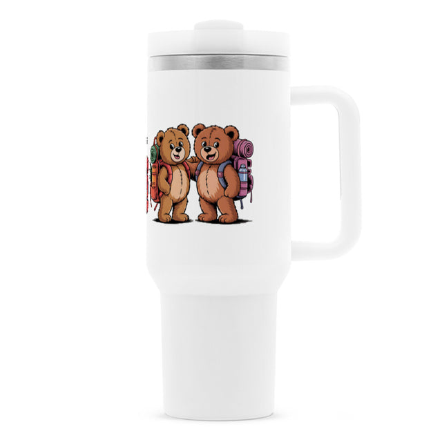 TeddyTravel Edelstahl-Thermobecher 1200 ml mit Griff, Deckel, Strohhalm und Teddybären-Print mit bunten Rucksäcken von TeeTreeTrendz