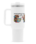 TeddyTravel Edelstahl-Thermobecher 1200 ml mit Griff, Deckel, Strohhalm und Teddybären-Print mit bunten Rucksäcken von TeeTreeTrendz