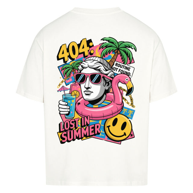 404 Lost in Summer Oversized T-Shirt – weißes Streetwear Shirt mit tropischem Print und Sommer-Vibe