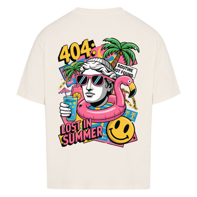 404 Lost in Summer Oversized T-Shirt – weißes Streetwear Shirt mit tropischem Print und Sommer-Vibe