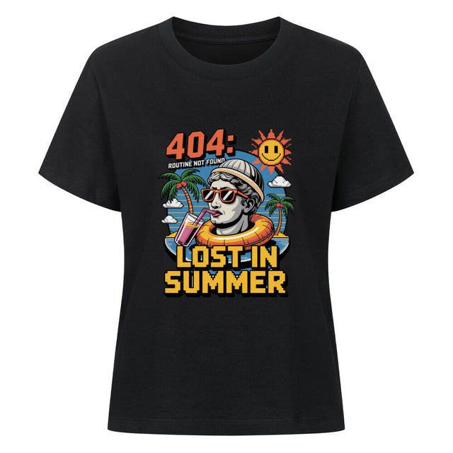 Verspielter Sommer-Print ‚404 Lost in Summer‘ mit Palmen auf Damen T-Shirt