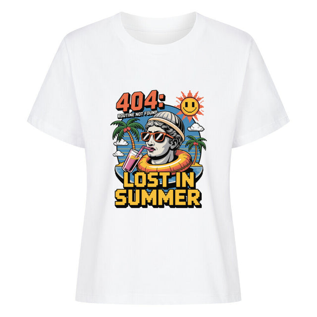 Verspielter Sommer-Print ‚404 Lost in Summer‘ mit Palmen auf Damen T-Shirt