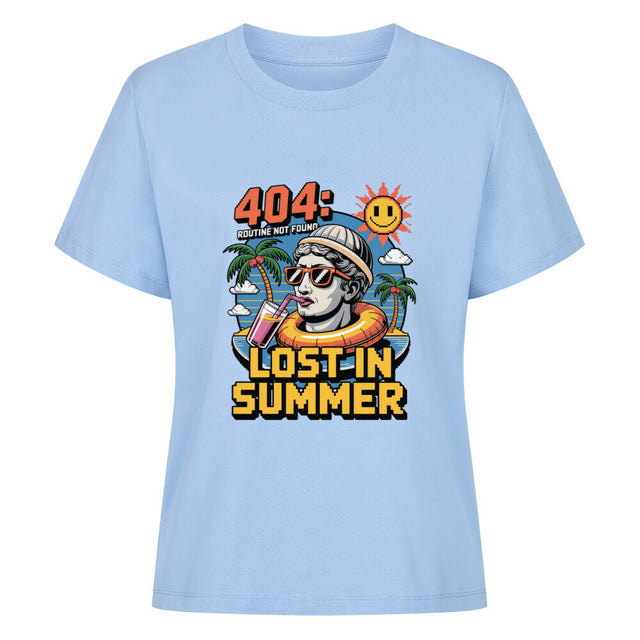 Verspielter Sommer-Print ‚404 Lost in Summer‘ mit Palmen auf Damen T-Shirt
